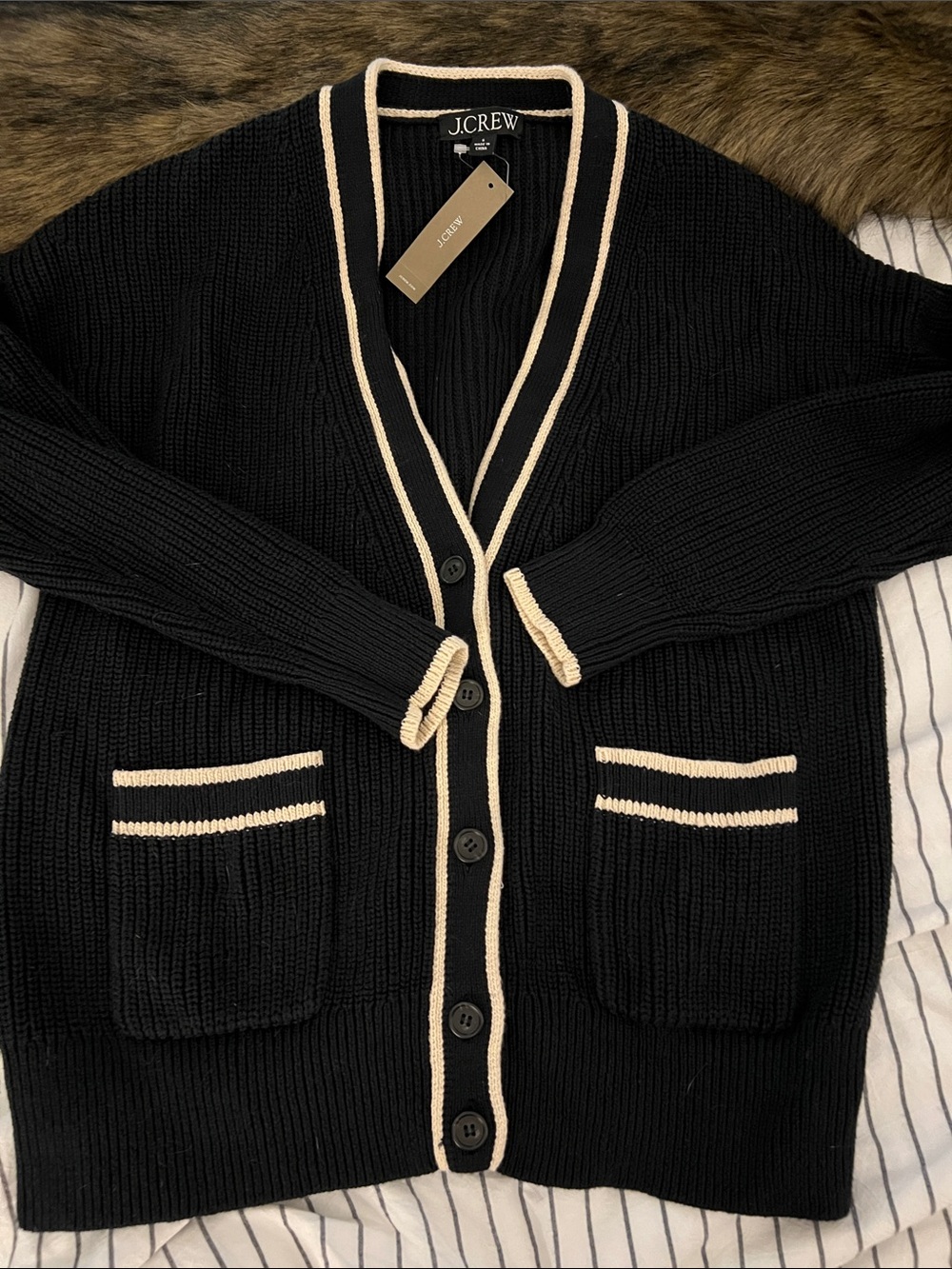 J. Crew Black Cardigan with Cream Contrast Trim